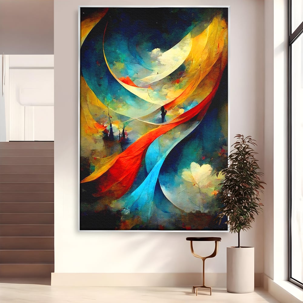 Tablou canvas cu pictura abstracta cu valuri colorate, in rama de aluminiu argintiu